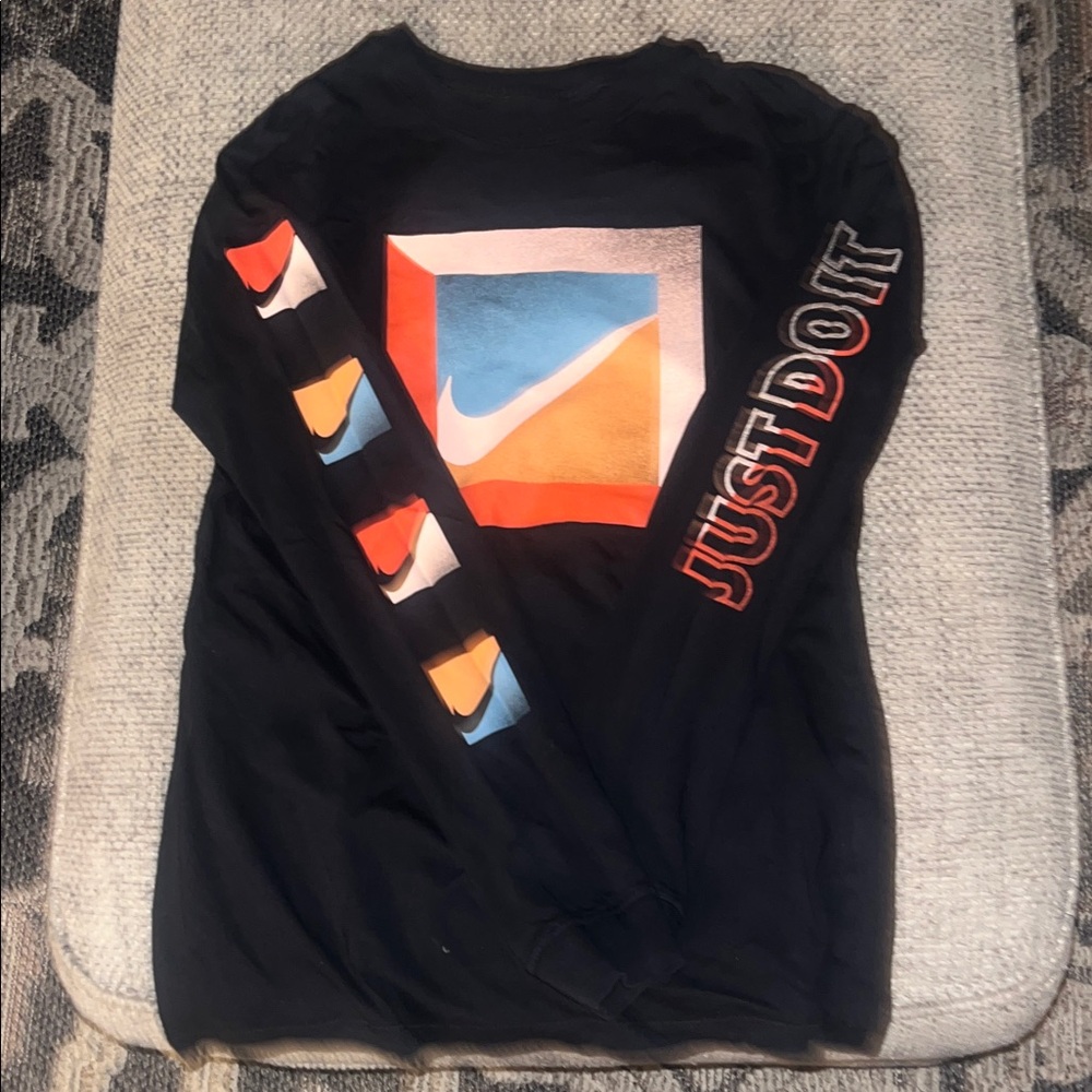 Nike Black Shirt with Colorful Graphic and 'Just Do It' Sleeve